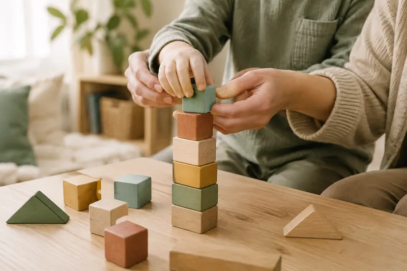 Erwachsene Hände unterstützen ein Kind beim Bauen eines Turms aus bunten Holzklötzen – Begleitung bei Entwicklungsauffälligkeiten (KI-generiert)